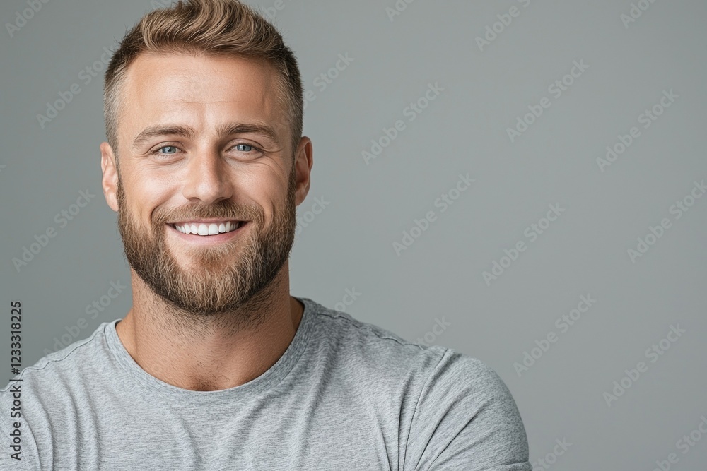 Fototapeta premium Smiling caucasian young male with beard and short hair in gray shirt