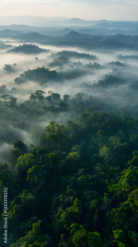 Obraz premium Expansive Mist-Covered Forest with Distant Hills