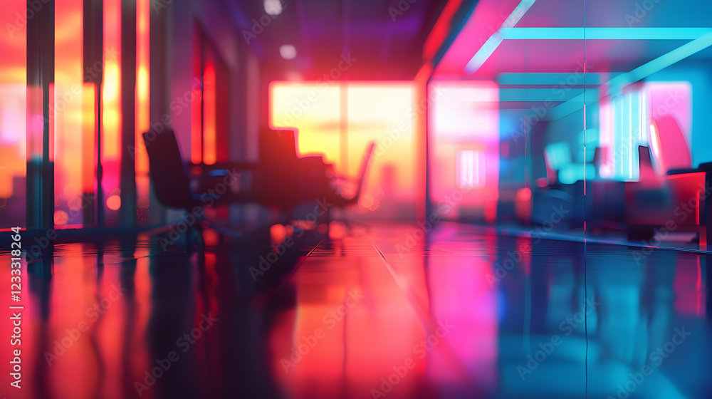 Fototapeta premium A vibrant office space with colorful lighting and reflections, suggesting a modern work environment.