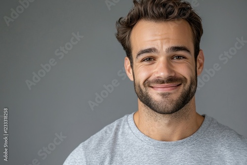 Smiling young caucasian male with beard against gray background