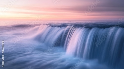 Coastal waterfall sunset, misty ocean, serene landscape, travel poster