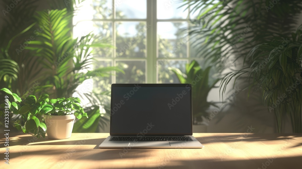 Laptop computer on a wooden table in a modern interior with green plants and sunlight Laptop computer on a wooden table in a modern interior with green plants and sunlight