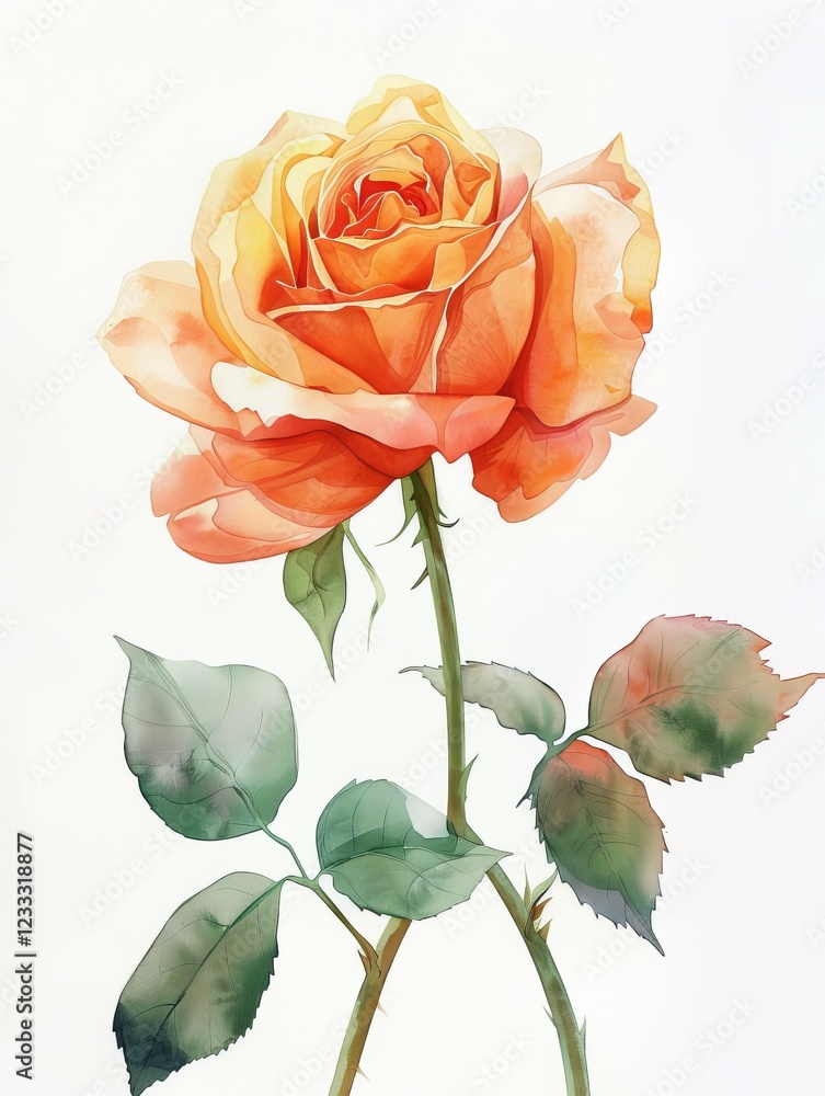 Obraz premium Watercolor Orange Rose Isolated on White Background. Beautiful Rose Flower