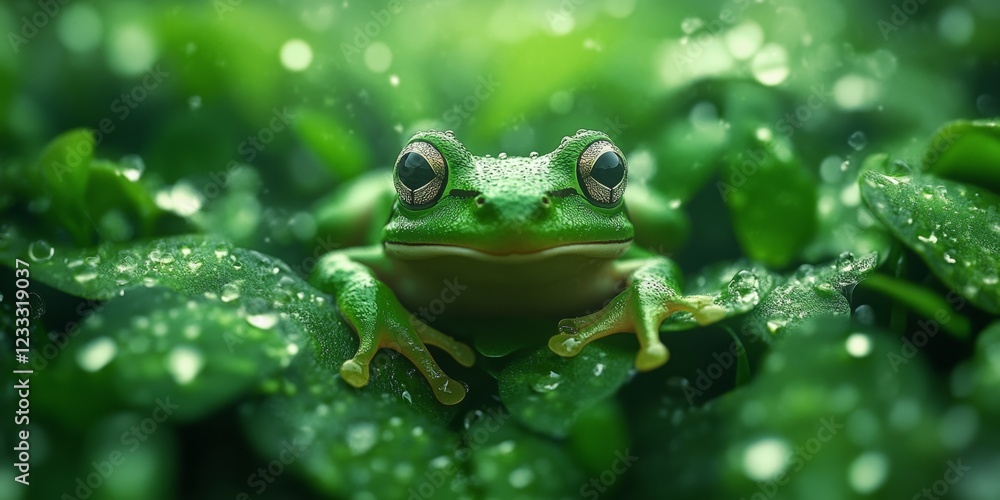 Obraz premium Realistic Green Frog Among Lush Greenery in Nature Photography