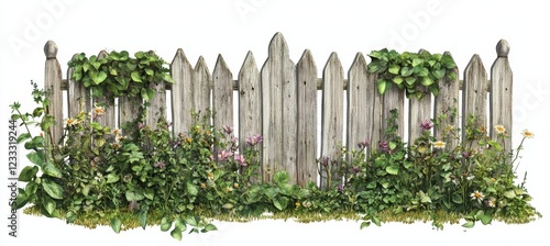 Weathered picket fence with lush green plants and wildflowers. photo