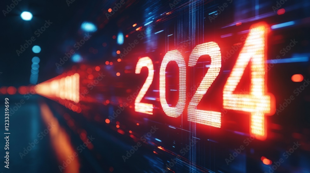 Glowing 2024 in digital space. Futuristic concept for the new year. Glowing 2024 in digital space. Futuristic concept for the new year.