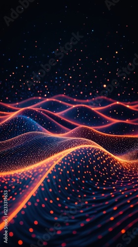 Glowing particles against a dark backdrop create vibrant digital waves that undulate 