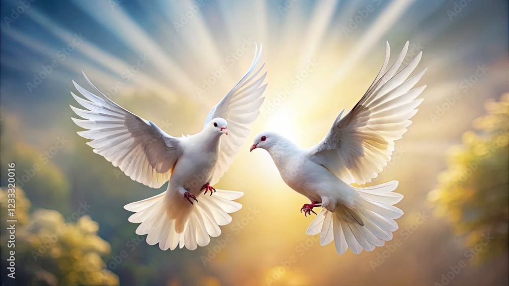 Fototapeta premium Serene Flight of Doves: A Peaceful Low Light Scene Symbolizing Freedom