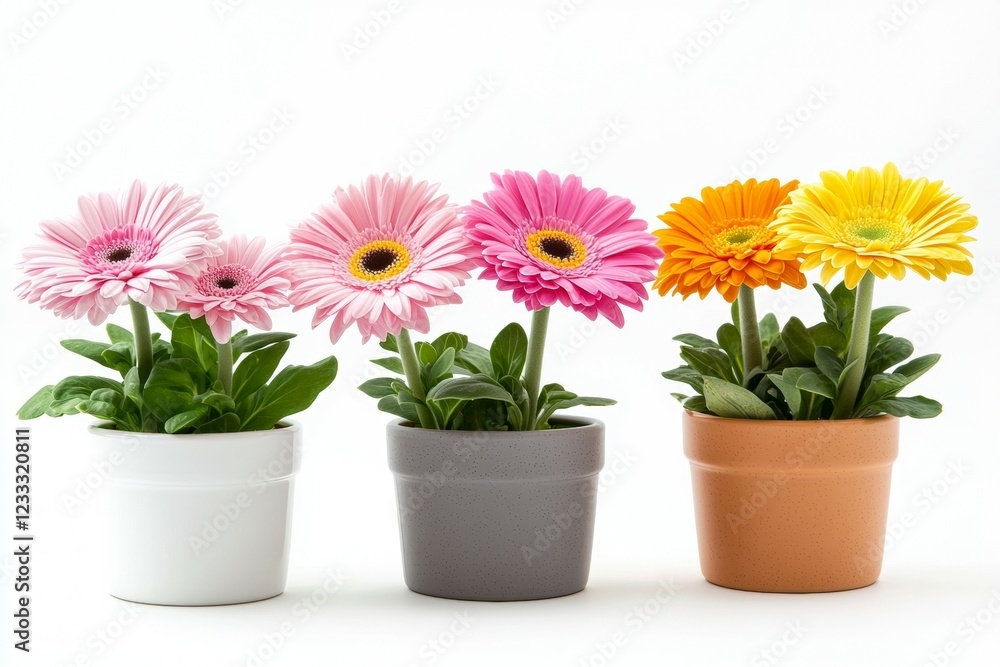 Three potted plants of different colors, including pink, yellow, and orange Three potted plants of different colors, including pink, yellow, and orange