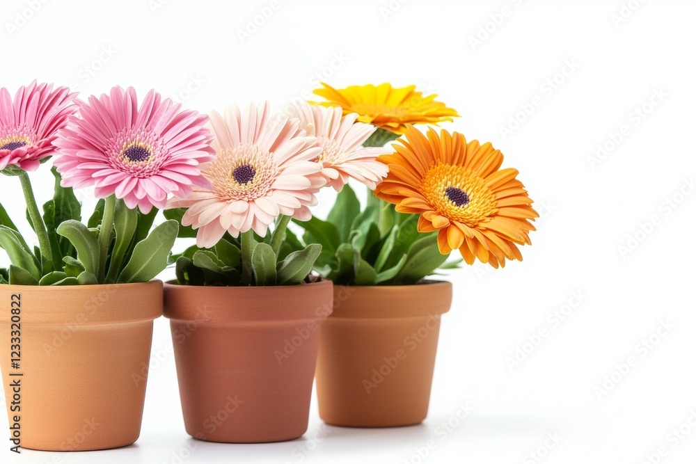 Three potted flowers of different colors are arranged in a row Three potted flowers of different colors are arranged in a row
