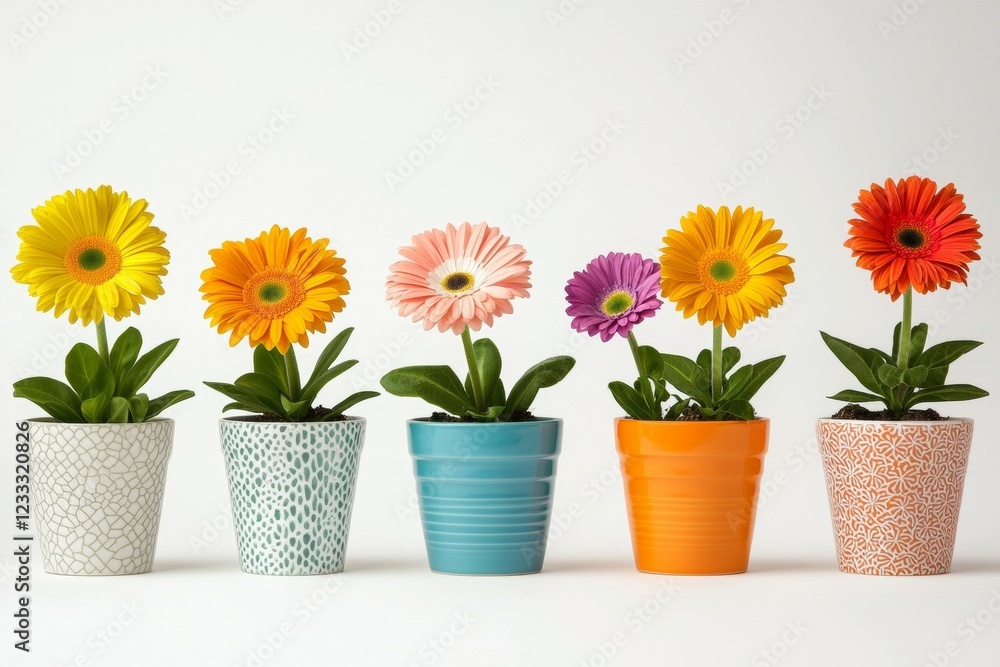 Row of five potted flowers with different colors and sizes Row of five potted flowers with different colors and sizes