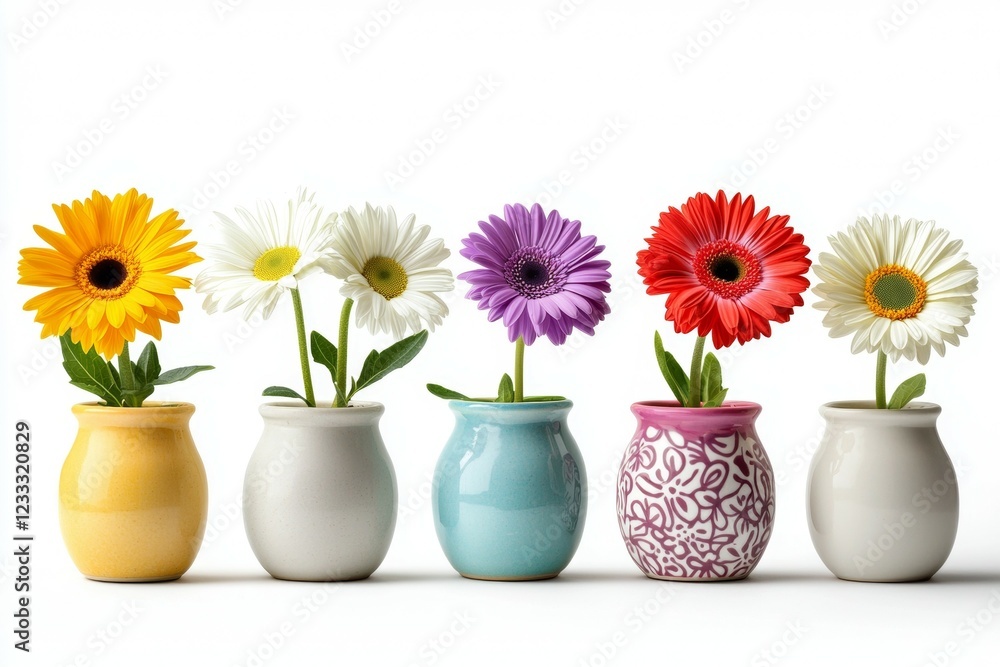 Row of vases with different colored flowers in them Row of vases with different colored flowers in them