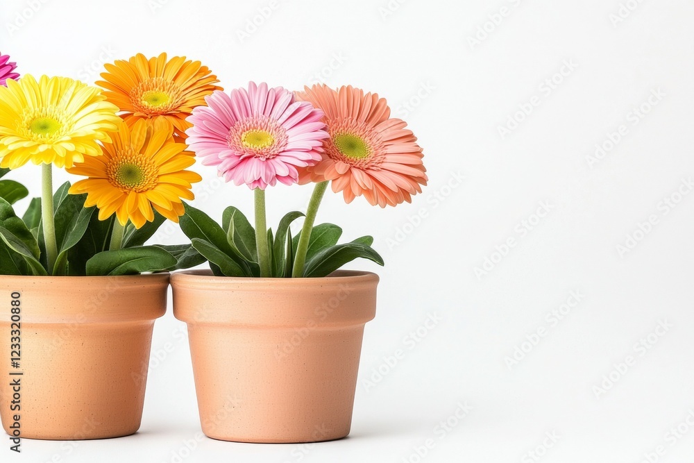Two potted flowers with different colors are placed next to each other Two potted flowers with different colors are placed next to each other