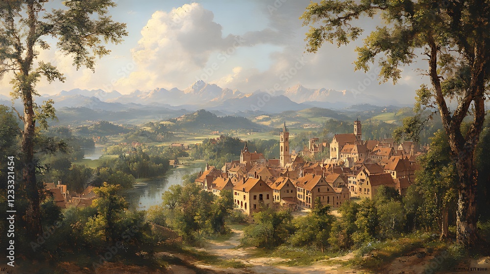 Fototapeta premium River Valley Town Landscape, Alpine Mountains Background, Scenic Artwork