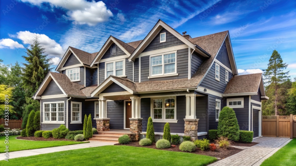 Stylish Two-Story House with Dark Gray Siding, Wood Trim, and Shingle Roof - Modern Architecture in Residential Neighborhood, Home Design, Exterior Features, Curb Appeal Stylish Two-Story House with Dark Gray Siding, Wood Trim, and Shingle Roof - Modern Architecture in Residential Neighborhood, Home Design, Exterior Features, Curb Appeal