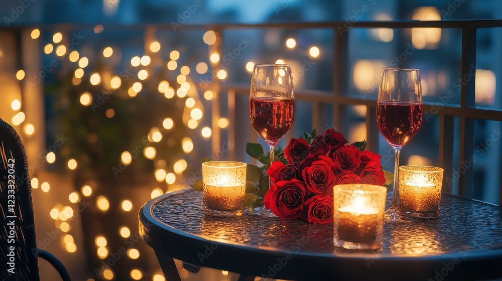 Roses and Wine on Balcony Table Roses and Wine on Balcony Table