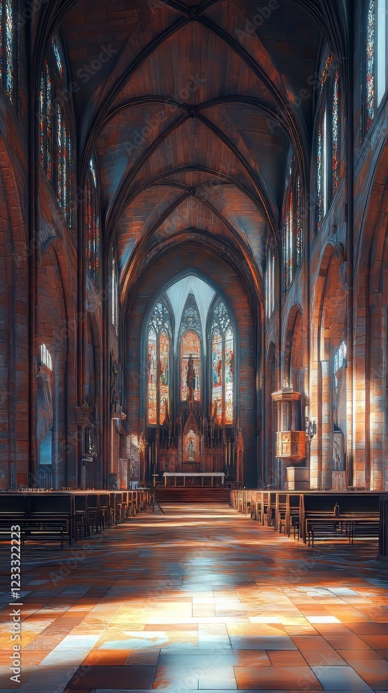 Fototapeta premium Sunlit cathedral nave and altar