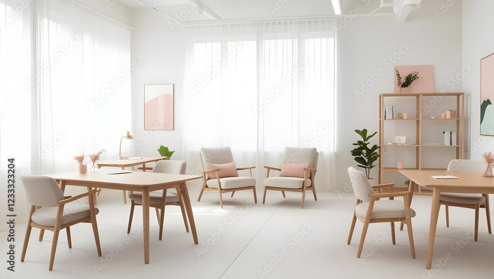 Bright Minimalist Office Space with Tables, Chairs, Shelves, and White Walls Bright Minimalist Office Space with Tables, Chairs, Shelves, and White Walls