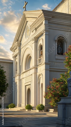 Classical church architecture at sunset.