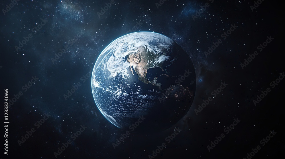 Obraz premium Earth, space, night, view, cosmos, planet, North America, background stars, environmental use
