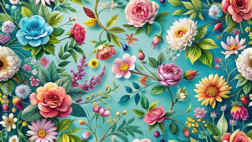 Vibrant Floral Pattern with Greenery on Soothing Blue Background - Nature's Beauty in Documentary Photography