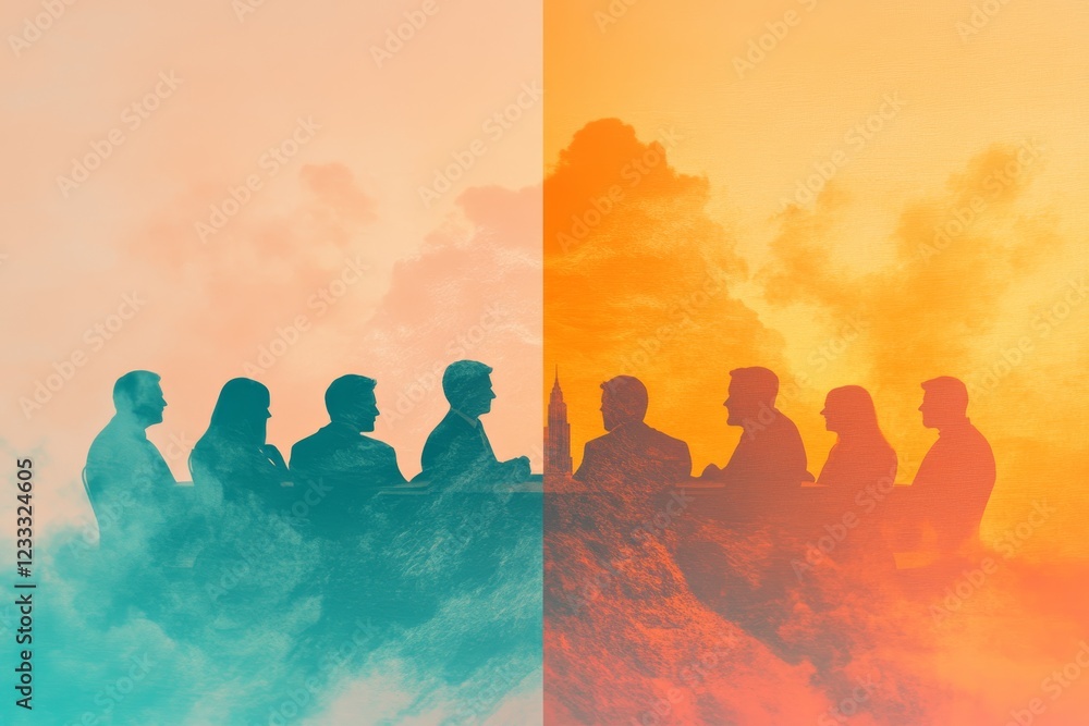 Fototapeta premium Silhouetted businesspeople in a meeting, divided by contrasting warm and cool tones, creating a dramatic visual.