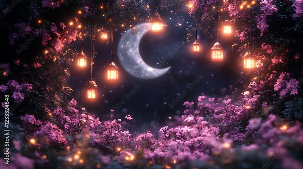 Enchanting moonlit garden with glowing lanterns and flowers Enchanting moonlit garden with glowing lanterns and flowers