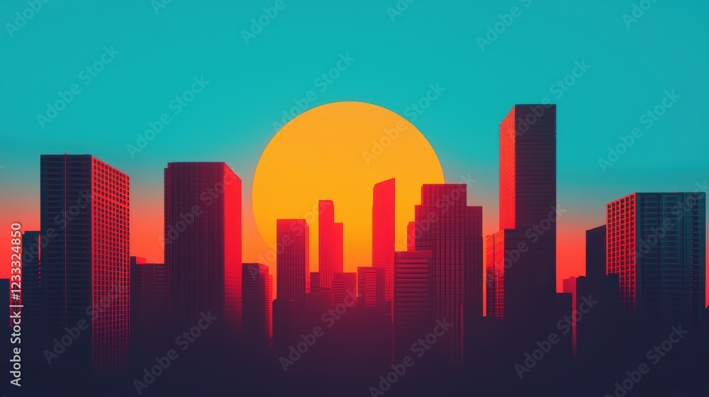 Obraz premium Vibrant Sunset Over Urban Skyline Silhouettes