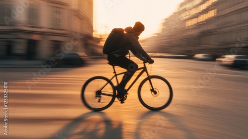 A cyclist rides through a city street at sunset, creating a dynamic blur against urban architecture