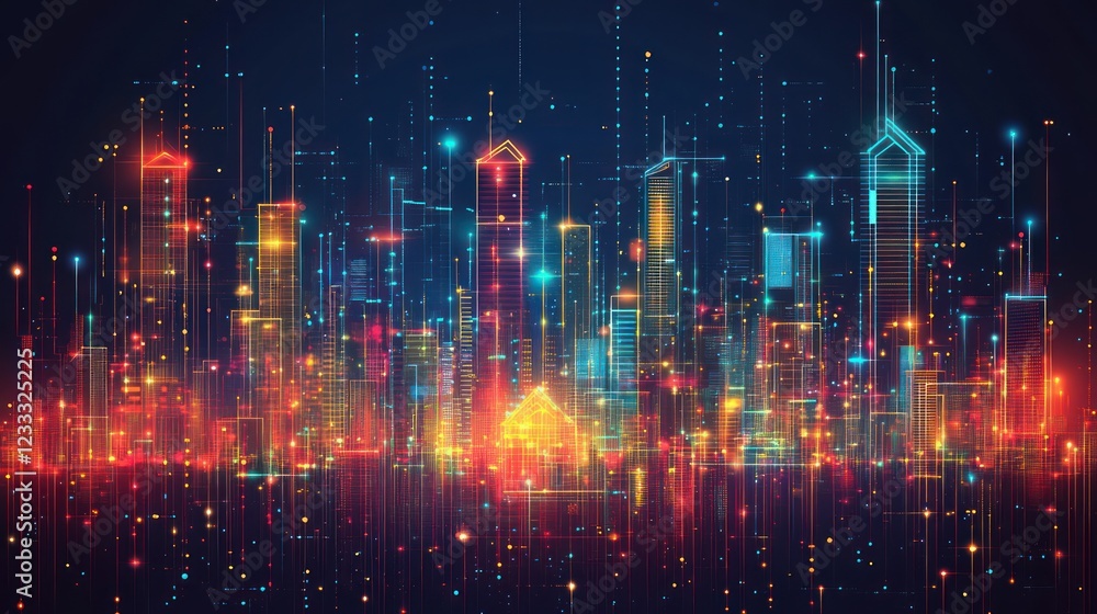 Futuristic city skyline digital art, glowing, network, data visualization, technology background Futuristic city skyline digital art, glowing, network, data visualization, technology background
