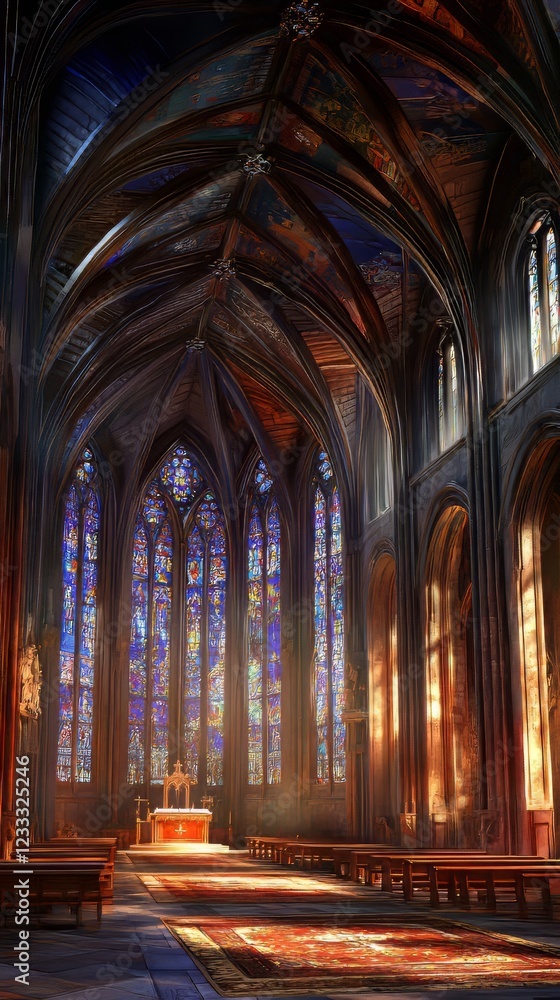 Fototapeta premium Sunlight streams through stained glass.