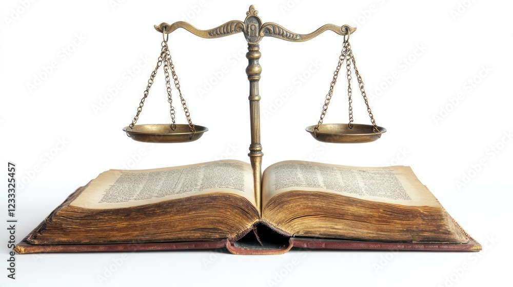 Law book on table with scales of justice isolated on white background Law book on table with scales of justice isolated on white background