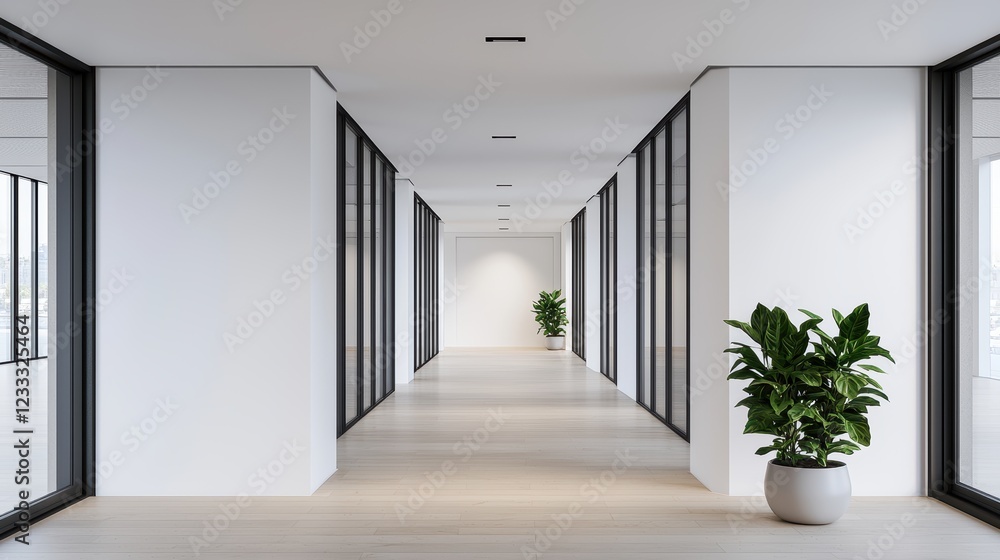 Modern Office Corridor with Plants and Natural Light Modern Office Corridor with Plants and Natural Light