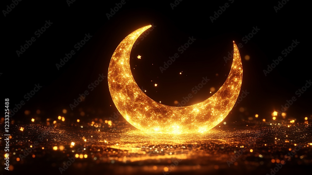 Fototapeta premium Golden Crescent Moon with Sparkling Stars and Dust