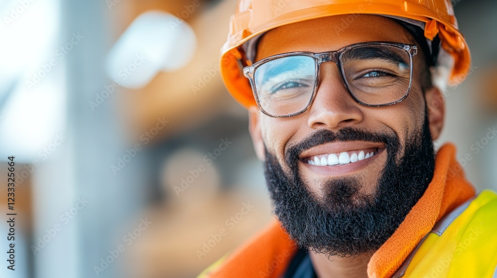 Close-up portrait of a smiling Black male construction worker wearing a hard hat and safety glasses. Close-up portrait of a smiling Black male construction worker wearing a hard hat and safety glasses.