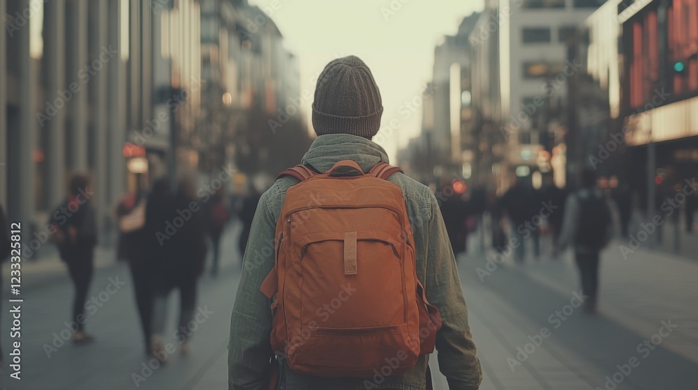 Fototapeta premium A person with an orange backpack walking through a bustling city street during sunset