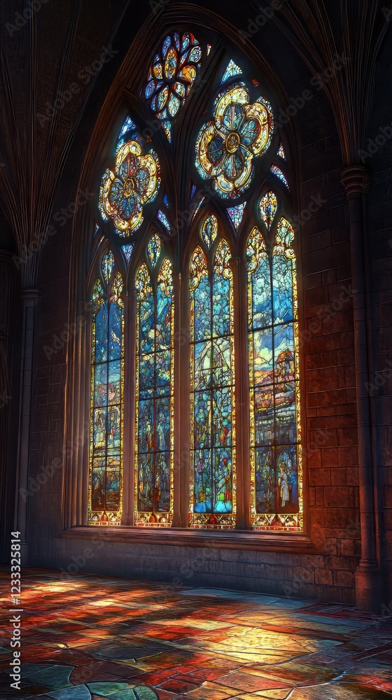 Obraz premium Sunlit stained-glass church window