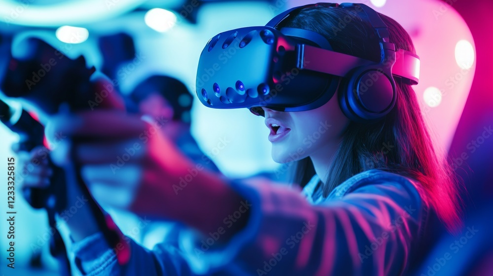 Cutting-edge virtual reality gaming experience, immersive setup with futuristic decor, High-tech style Cutting-edge virtual reality gaming experience, immersive setup with futuristic decor, High-tech style