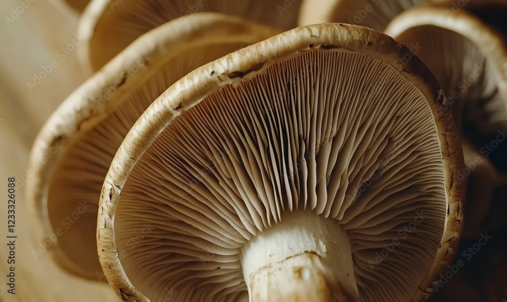 Close-up of mushrooms, gills visible, wooden background, food photography, culinary use Close-up of mushrooms, gills visible, wooden background, food photography, culinary use
