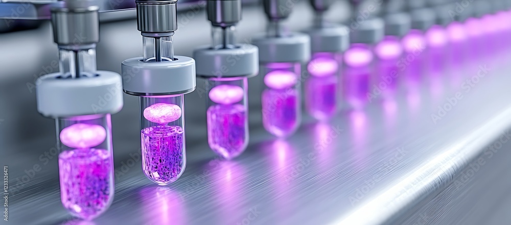 Automated Bio-Sample Processing: Rows of glowing vials in a futuristic laboratory. Automated Bio-Sample Processing: Rows of glowing vials in a futuristic laboratory.