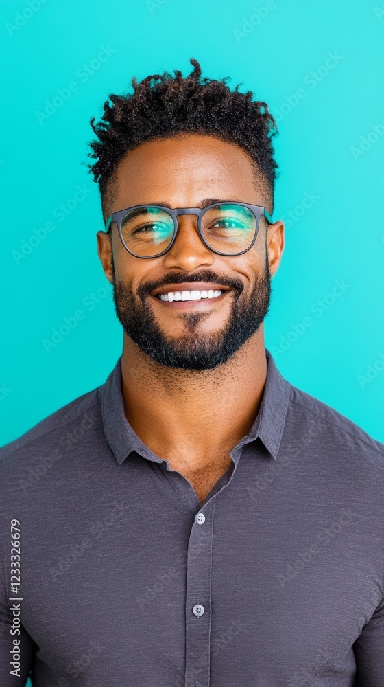 Obraz premium Smiling Black man in glasses against a teal background.