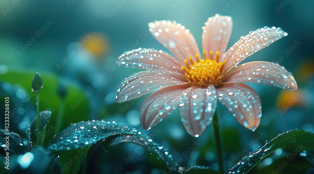 Fototapeta premium close up of dew covered wildflower with delicate petals and vibrant yellow center, surrounded by lush green leaves, creating serene and refreshing atmosphere