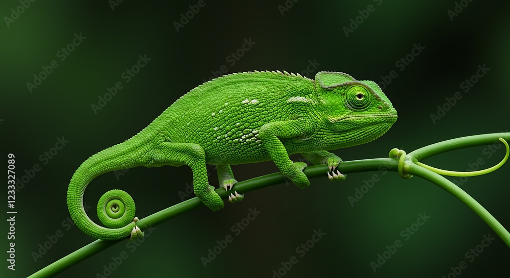 Fototapeta premium Caméléon vert vif se déplaçant sur une tige végétale. Photo de stock pour la faune, les reptiles, la nature, la biodiversité et les environnements tropicaux.