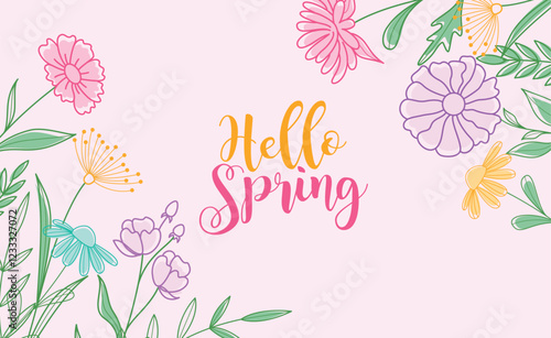 Hello spring greeting clipart background. Spring flowers and leaves in colorful watercolor drawing for greetings and invitation card design. Vector illustration floral wallpaper clip art. 
