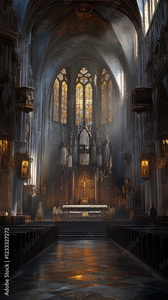 Obraz premium Sunlit Gothic church interior