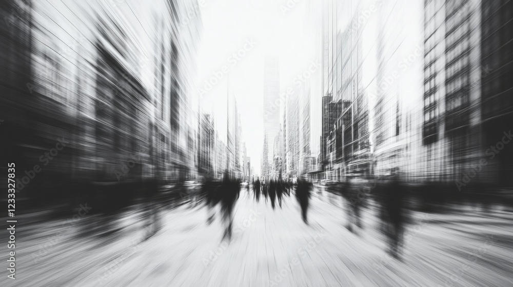 Naklejka premium Abstract cityscape with blurred figures walking amidst tall buildings in a monochromatic scene