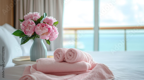 Fototapeta Naklejka Na Ścianę i Meble -  beautifully arranged hotel room featuring pink towels and fresh peony flowers in vase, creating serene and inviting atmosphere