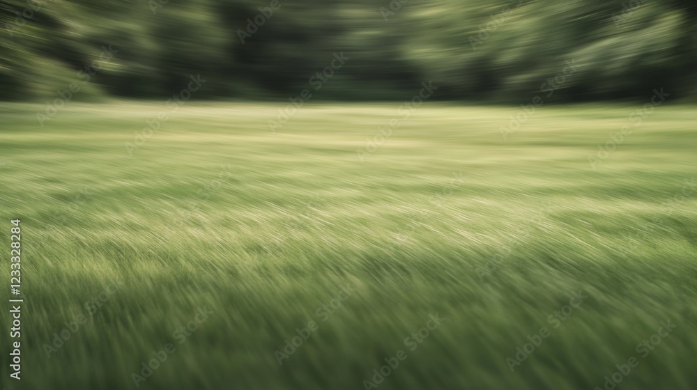 Obraz premium Blurred grassy field under soft natural light with trees in the background, serene atmosphere