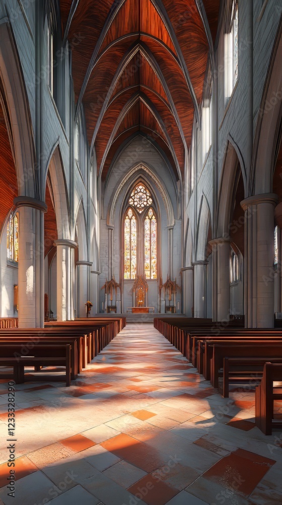 Obraz premium Sunlit cathedral interior with pews