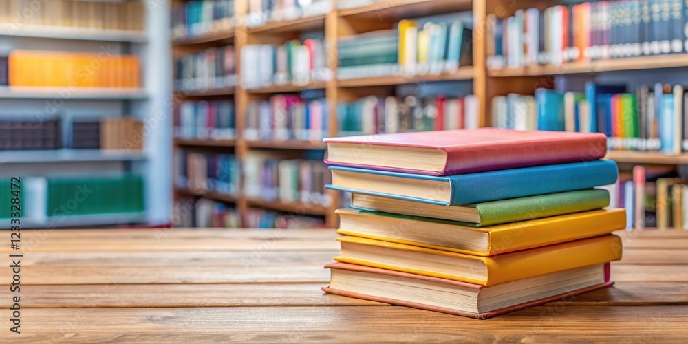 Colorful stack of books on wooden table in modern library setting, library, books, stack, wooden table Colorful stack of books on wooden table in modern library setting, library, books, stack, wooden table